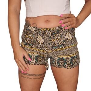 Black Yellow Boho Shorts Womens XS Bohemian Gypsy Fringe Tassel Pom Poms Comfy